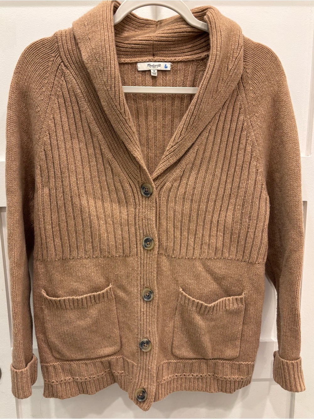 Madewell Camel 100% Merino Wool Ribbed Shawl-Collar Button Cardigan